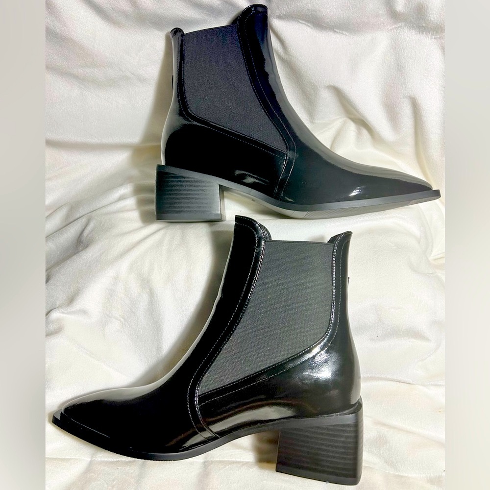 Black Square Toe Chunky Heel Western Ankle Boots with buckle women’s size 8 - Picture 2 of 7